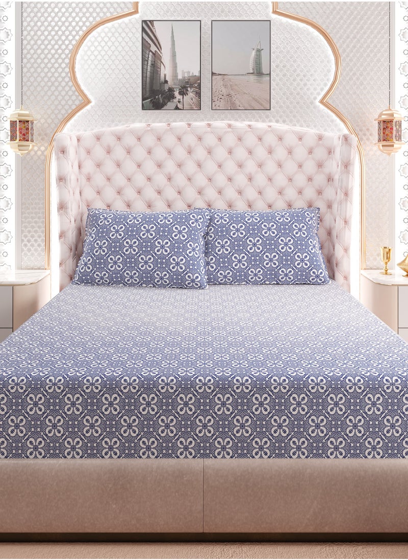Print 1 Fitted Sheet + 2 Pillow Cases Super King Cotton Blue 200x200cm