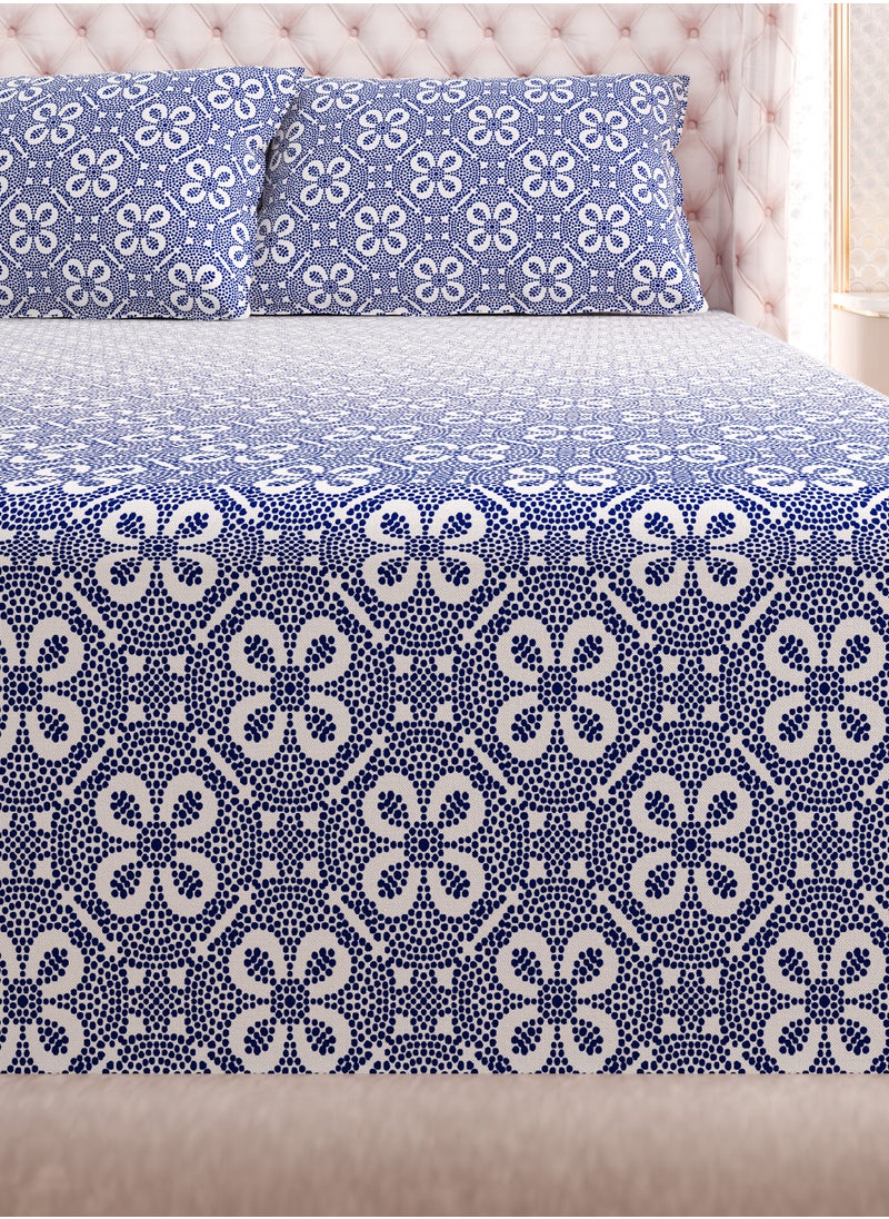 Print 1 Fitted Sheet + 2 Pillow Cases Super King Cotton Blue 200x200cm