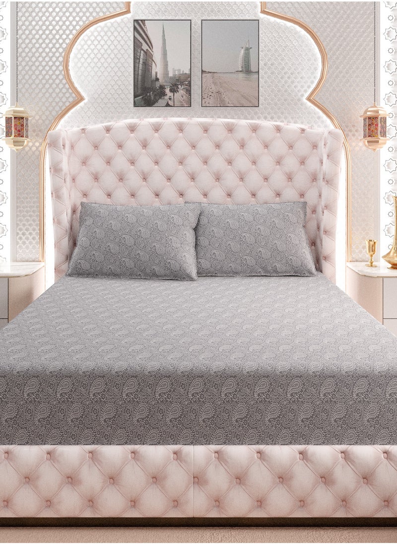 Print 1 Fitted Sheet + 2 Pillow Cases Double Cotton Grey 200x120cm