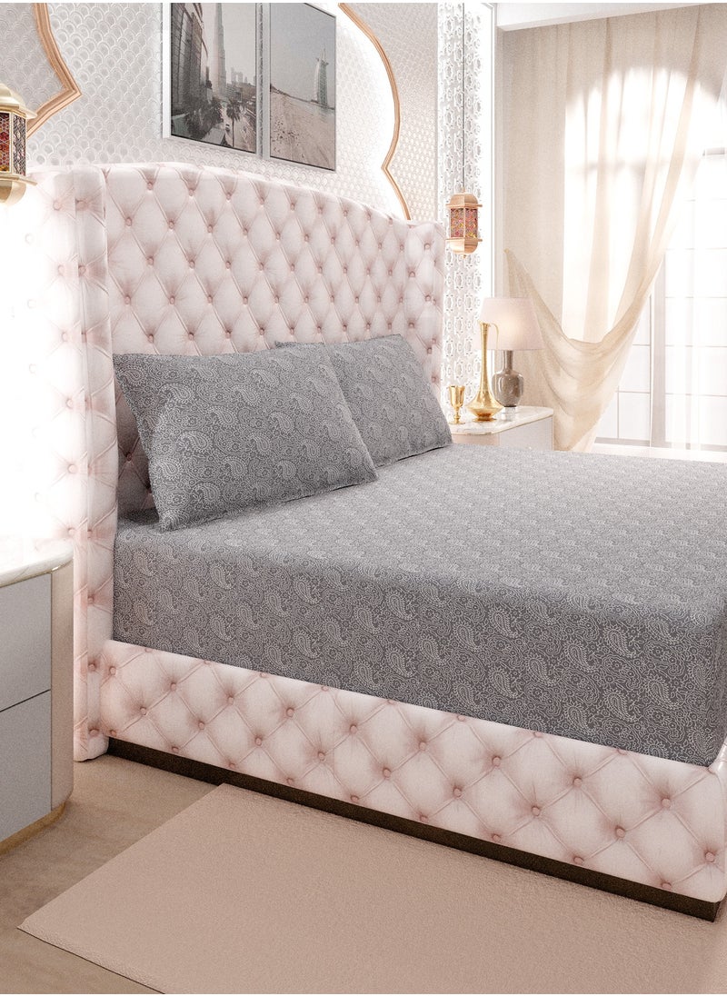 Print 1 Fitted Sheet + 2 Pillow Cases Double Cotton Grey 200x120cm