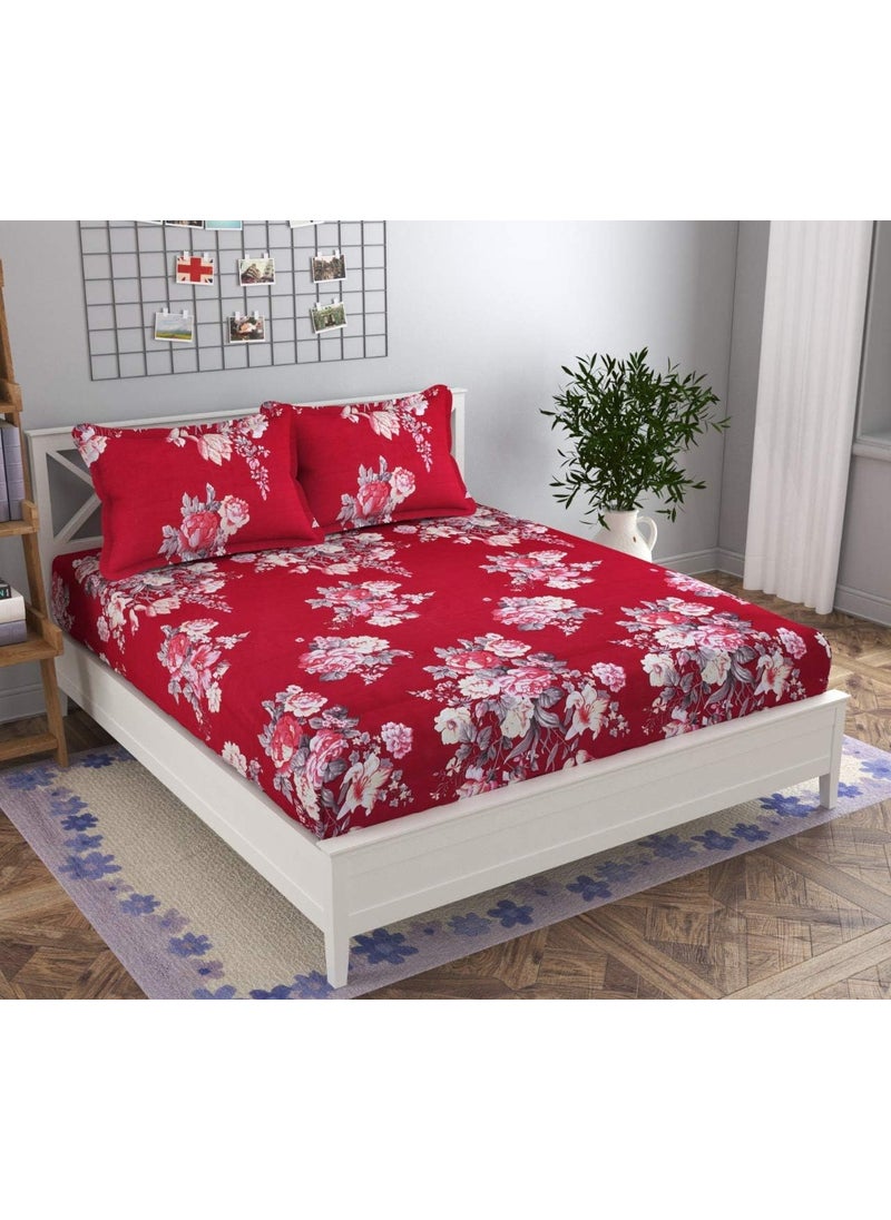 MRSKP Premium All Around Elastic Fitted King Size Bed Sheet 320 TC Cotton Feel Set fits up to 8 inches Mattress for Double Bed with 2 Pillow Covers Size 78 x 72 Red