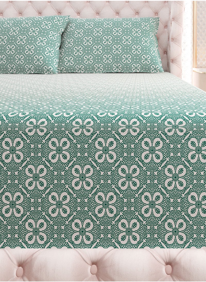 Print 1 Fitted Sheet + 2 Pillow Cases Super King Cotton Green 200x200cm