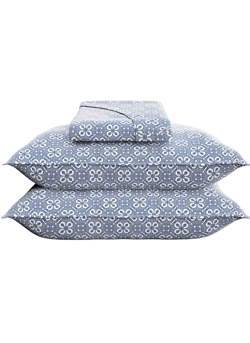 Print 1 Fitted Sheet + 2 Pillow Cases King Cotton Blue 200x180cm