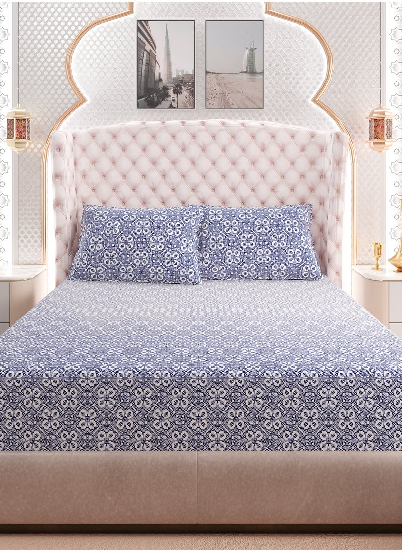 Print 1 Fitted Sheet + 2 Pillow Cases King Cotton Blue 200x180cm