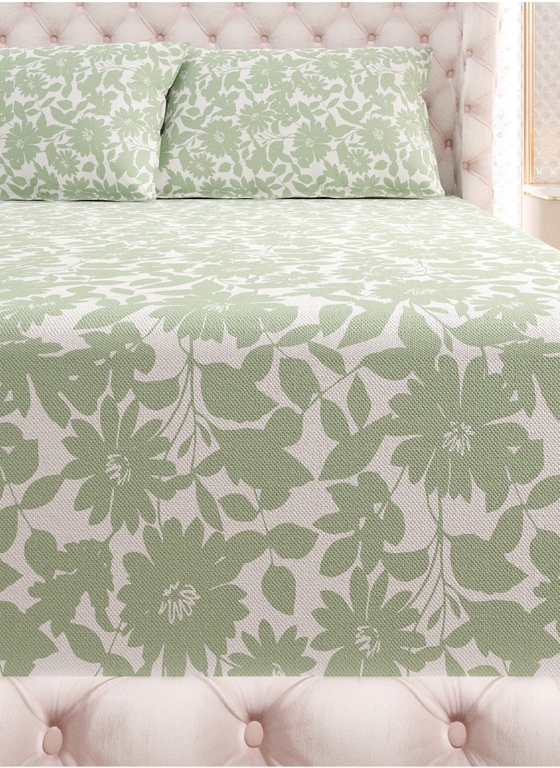 Print 1 Fitted Sheet + 2 Pillow Cases Super King Cotton Green 200x200cm