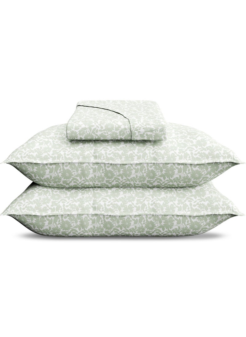 Print 1 Fitted Sheet + 2 Pillow Cases Super King Cotton Green 200x200cm