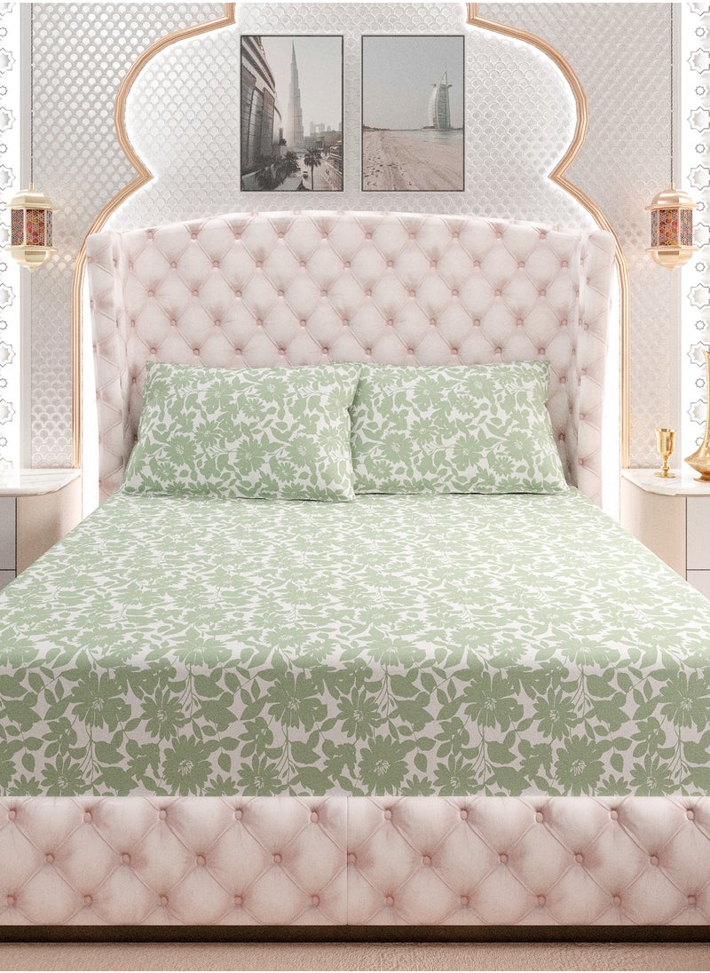 Print 1 Fitted Sheet + 2 Pillow Cases Super King Cotton Green 200x200cm