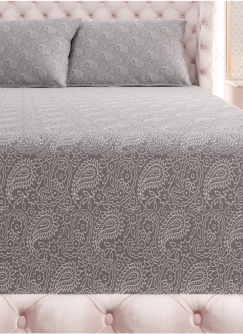 Print 1 Fitted Sheet + 2 Pillow Cases Single Cotton Grey 190x90cm