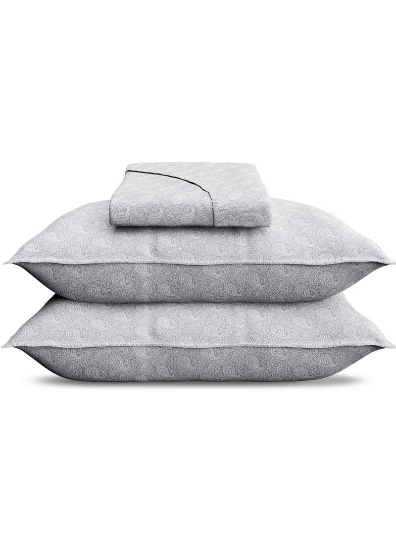 Print 1 Fitted Sheet + 2 Pillow Cases Single Cotton Grey 190x90cm