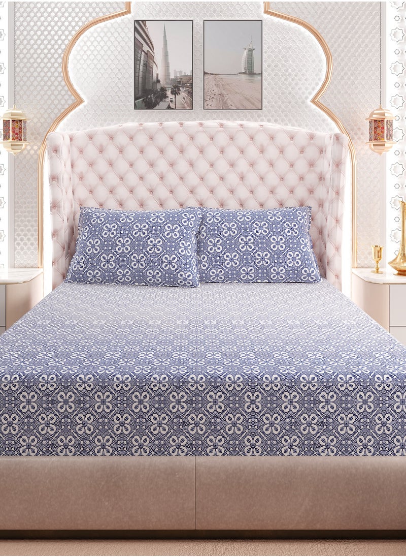 Print 1 Fitted Sheet + 2 Pillow Cases Single Cotton Blue 190x90cm