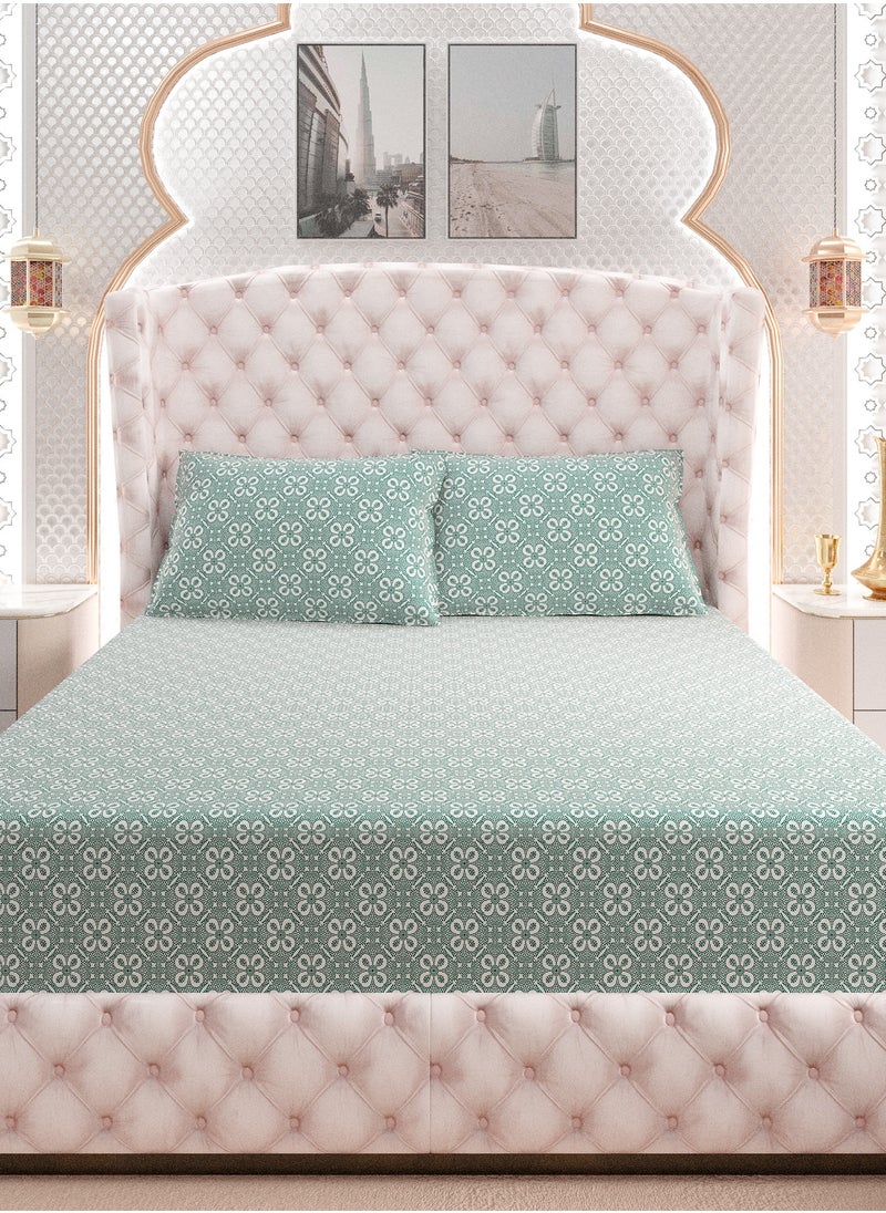 Print 1 Fitted Sheet + 2 Pillow Cases Single Cotton Green 190x90cm