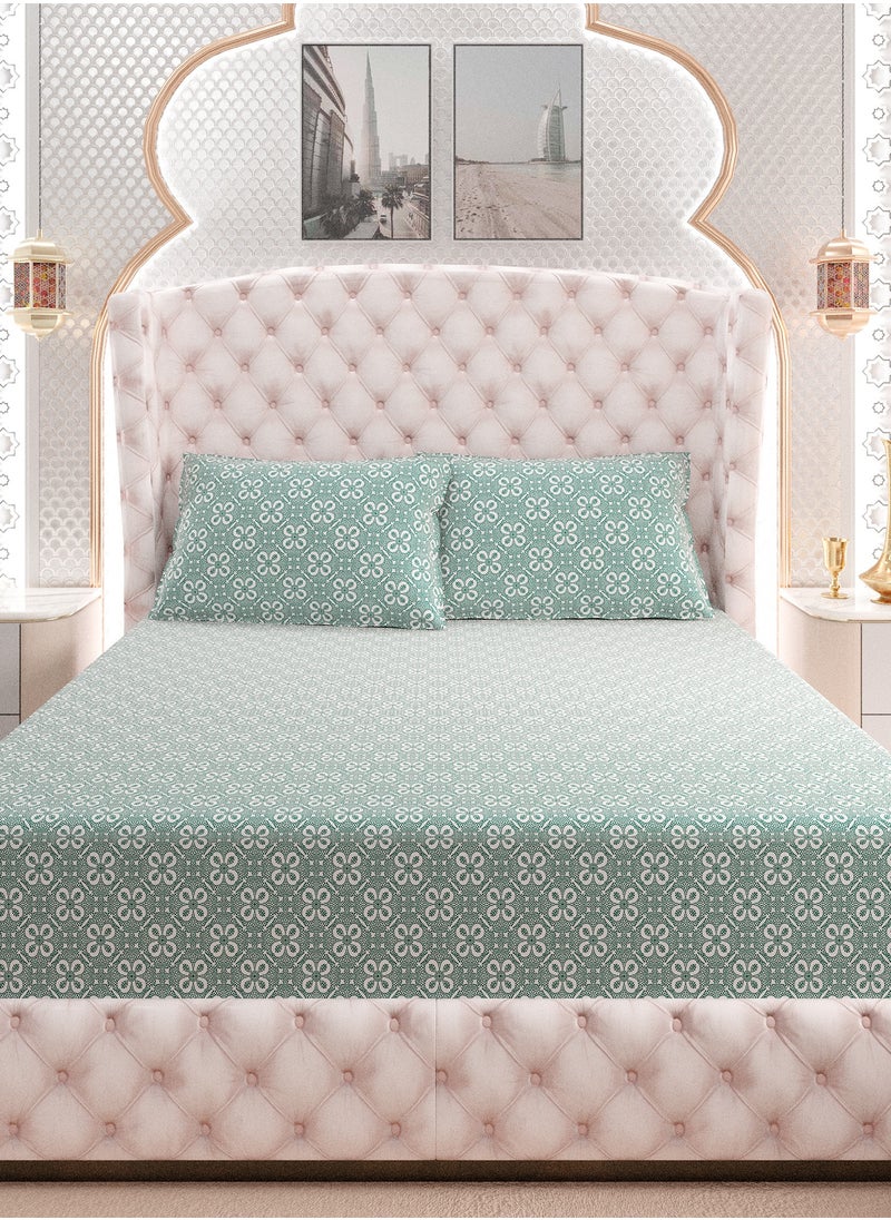 Print 1 Fitted Sheet + 2 Pillow Cases Double Cotton Green 200x120cm