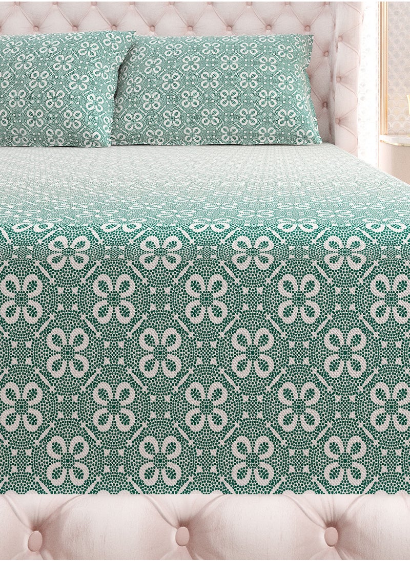 Print 1 Fitted Sheet + 2 Pillow Cases Double Cotton Green 200x120cm