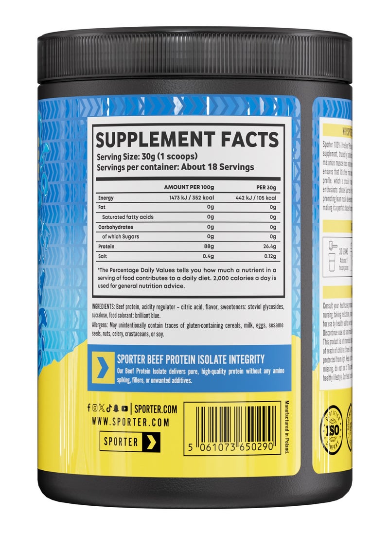 Sporter Beef Protein Isolate – 540g | 26g Protein Per Serving | 0g Sugar & Fat | Blue Raspberry Flavor | Lactose-Free | Muscle Building & Recovery