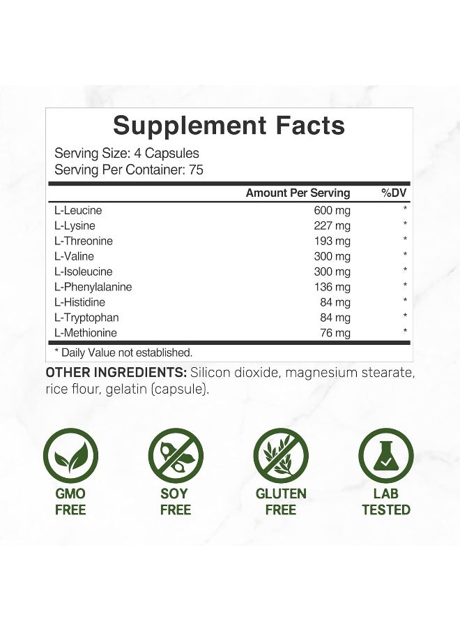 Essential Amino Acids (Eaa) 2000Mg Per Serving, 300 Capsules – Unflavored - 9 In 1, All Bcaas (Branched-Chain Aminos) – Lean Muscle Support & Natural Pre Workout Supplement