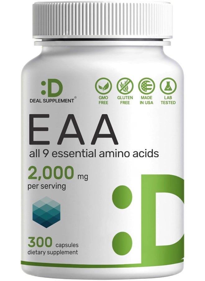 Essential Amino Acids (Eaa) 2000Mg Per Serving, 300 Capsules – Unflavored - 9 In 1, All Bcaas (Branched-Chain Aminos) – Lean Muscle Support & Natural Pre Workout Supplement