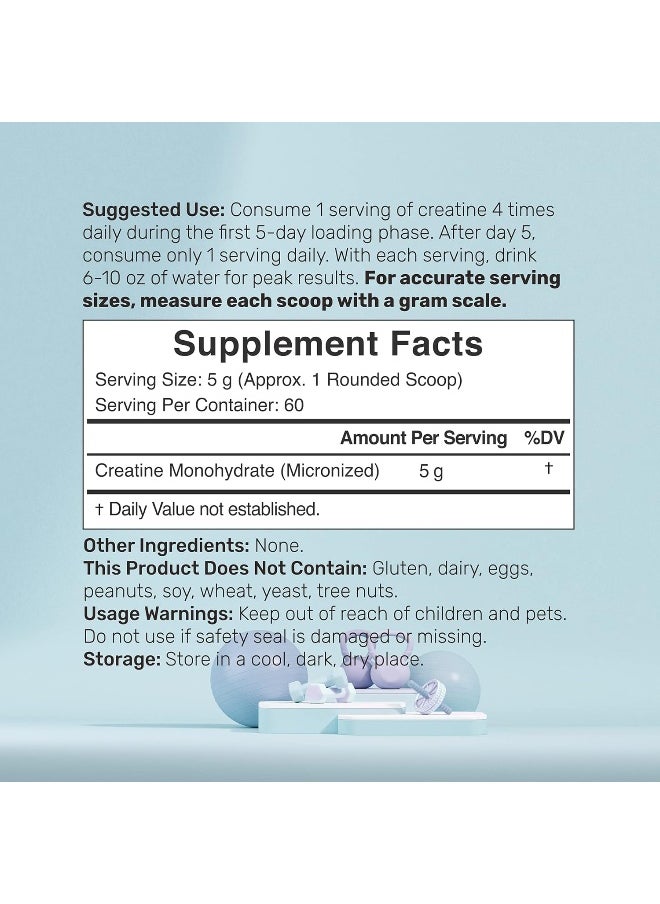 Creatine Monohydrate Powder 300 Grams (60 Servings), Unflavored | Pure | Micronized Creatine Powder, 5000Mg(5G) Per Serving, 2 Month Supply, Vegan | Keto, Non-Gmo, No Filler, No Additives
