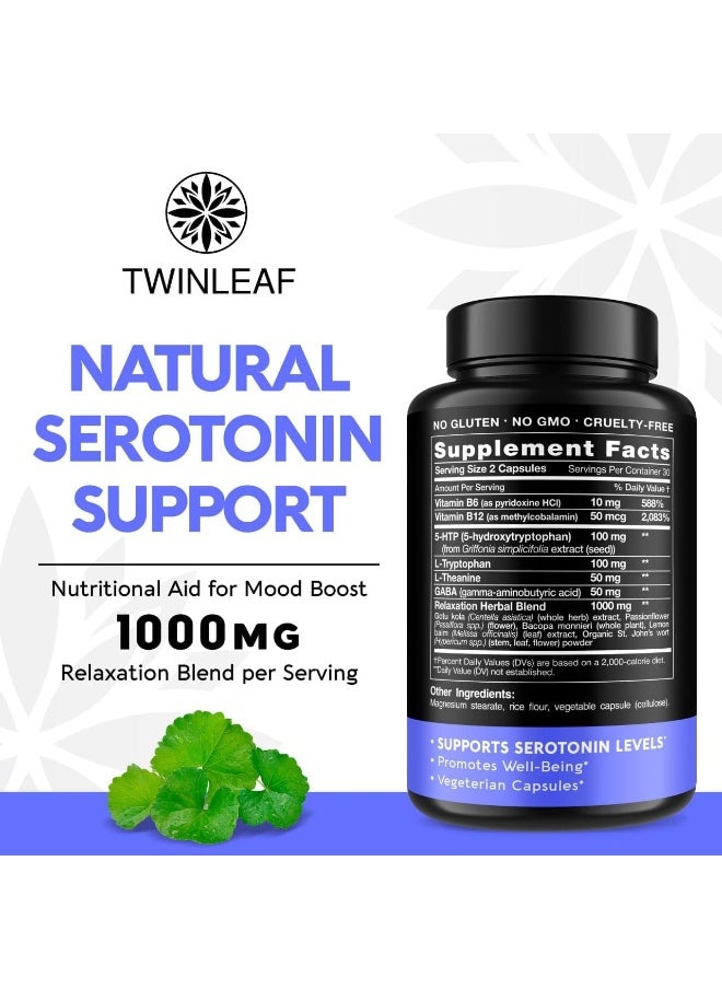 5 Htp Supplement With Gaba, 1000Mg Blend - Natural Aid Made In Usa - Proprietary Formula For Mood And Relaxation, 60 Vegan Capsules - 5-Htp + Vitamin B 6 & Vitamin B 12 - No Gmo