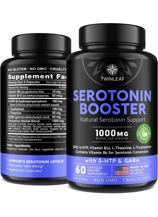 5 Htp Supplement With Gaba, 1000Mg Blend - Natural Aid Made In Usa - Proprietary Formula For Mood And Relaxation, 60 Vegan Capsules - 5-Htp + Vitamin B 6 & Vitamin B 12 - No Gmo