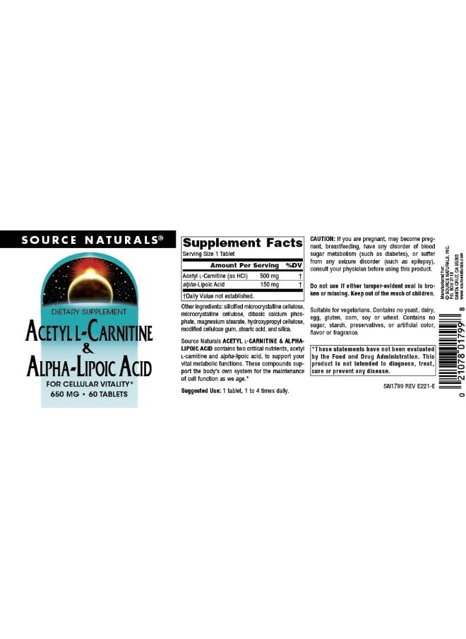 , Acetyl L-Carnitine & Alpha-Lipoic Acid, 650 Mg, 60 Tablets
