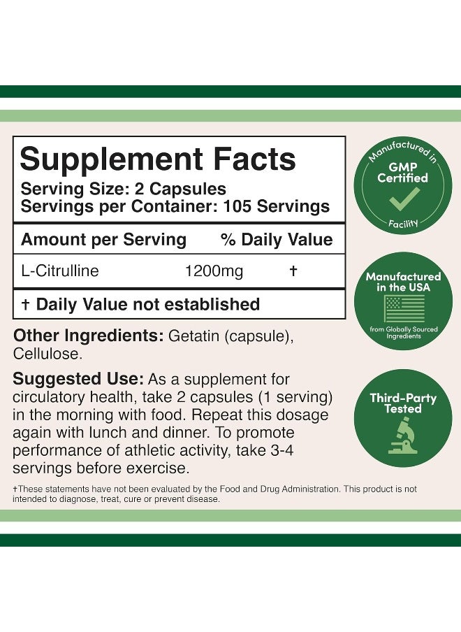 L Citrulline Capsules 1,200Mg Per Serving, 210 Count (L-Citrulline Increases Levels Of L-Arginine And Nitric Oxide) Muscle Recovery Supplement – Improve Muscle Pump By