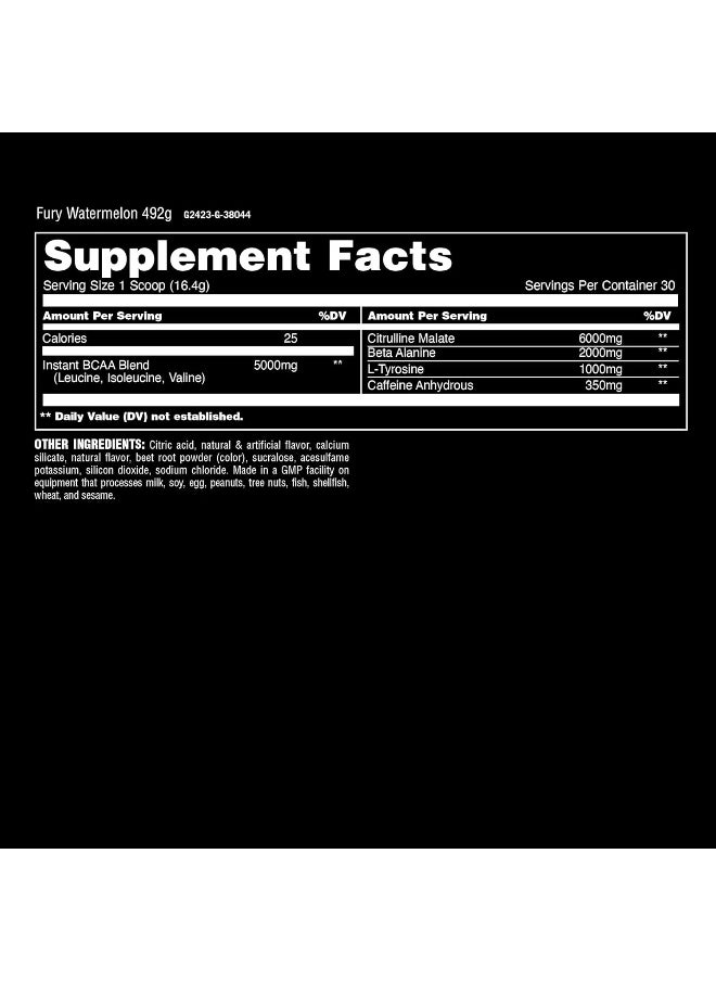 Fury Pre Workout Powder Supplement For Energy And Focus 5G Bcaa 350Mg Caffeine Nitric Oxide Without Creatine Powerful Stimulant For Bodybuilders, Watermelon, Watermelon, 16.96 Ounce