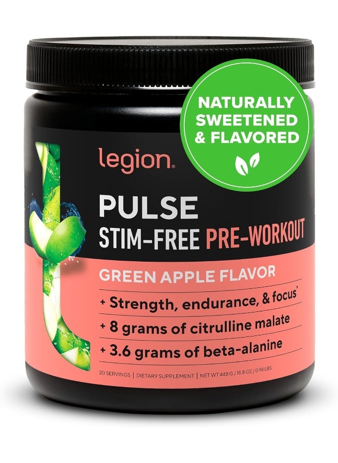 Pulse Pre Workout Supplement - All Natural Nitric Oxide Preworkout Drink To Boost Energy, Creatine Free, Naturally Sweetened, Beta Alanine, Citrulline, Alpha Gpc (Caffeine Free Green Apple)
