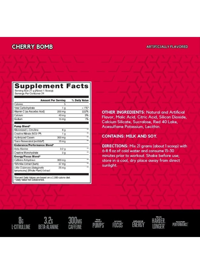 N.O.-Xplode Vaso Pre Workout Powder With 8G Of L-Citrulline And 3.2G Beta-Alanine And Energy, Flavor: Cherry Bomb, 24 Servings