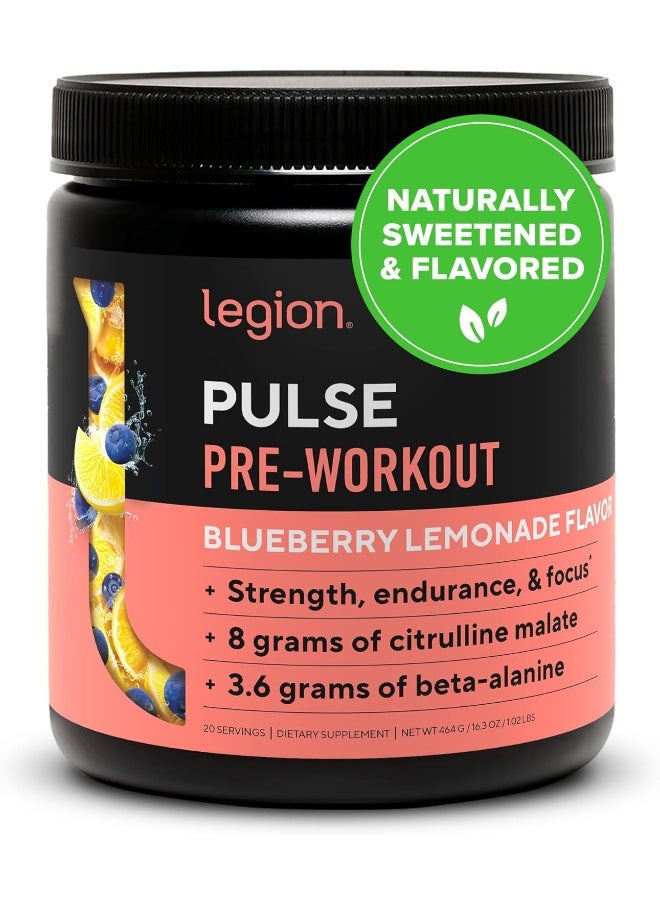 Pulse Pre Workout Supplement - All Natural Nitric Oxide Preworkout Drink To Boost Energy, Creatine Free, Naturally Sweetened, Beta Alanine, Citrulline, Alpha Gpc (Blueberry Lemonade)