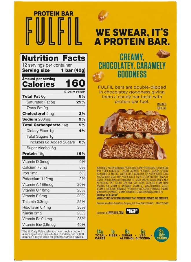Vitamin And Protein Bars, Chocolate Salted Caramel, Snack Sized Bar With 15G Protein And 8 Vitamins Including Vitamin C, 12 Counts