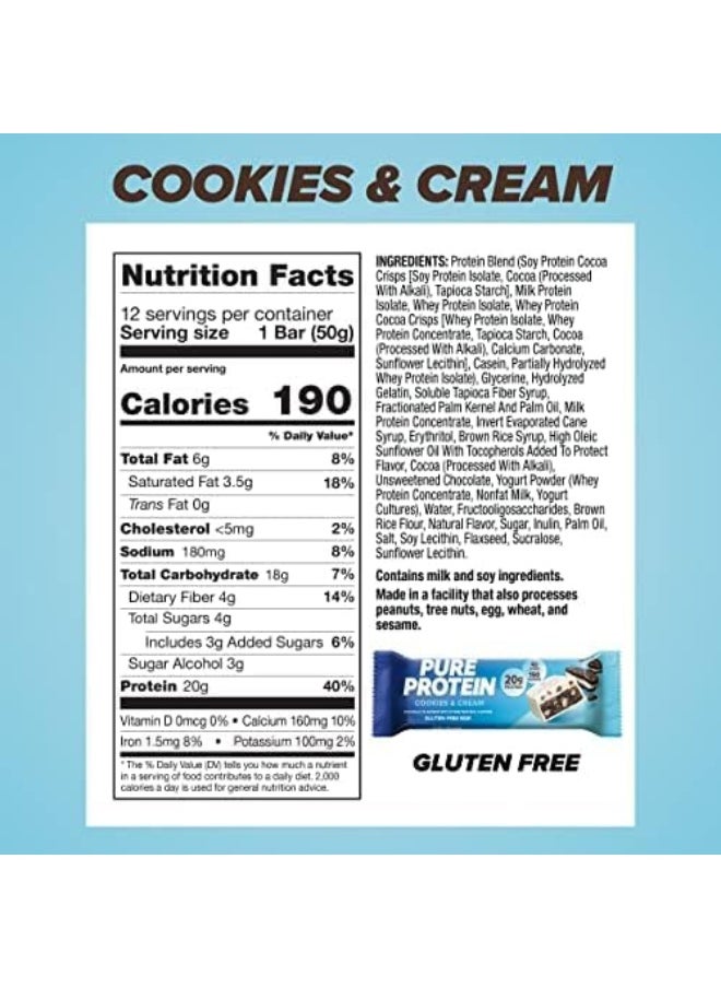 Bars, High Protein, Nutritious Snacks To Support Energy, Low Sugar, Gluten Free, Cookies & Cream, 1.76 Oz, 12 Count (Pack Of 1)