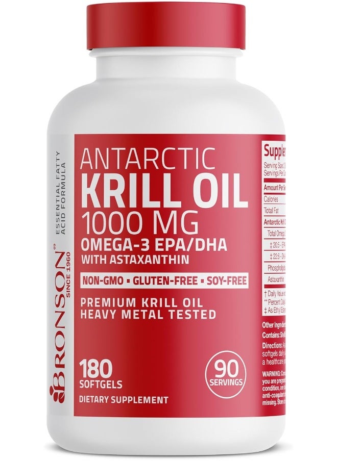 Antarctic Krill Oil 1000 Mg With Omega-3S Epa, Dha, Astaxanthin And Phospholipids – 100% Pure Premium Krill Oil - Heavy Metal Tested, Non Gmo - 180 Softgels (90 Servings)