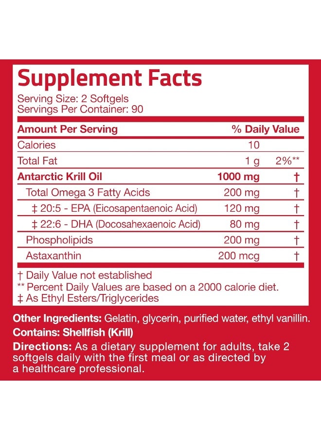 Antarctic Krill Oil 1000 Mg With Omega-3S Epa, Dha, Astaxanthin And Phospholipids – 100% Pure Premium Krill Oil - Heavy Metal Tested, Non Gmo - 180 Softgels (90 Servings)