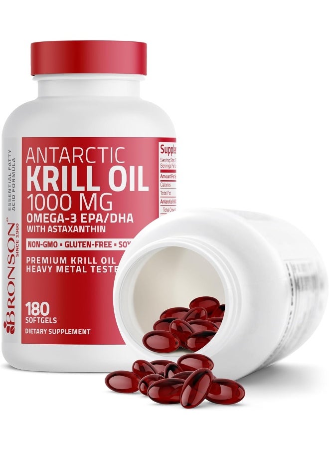 Antarctic Krill Oil 1000 Mg With Omega-3S Epa, Dha, Astaxanthin And Phospholipids – 100% Pure Premium Krill Oil - Heavy Metal Tested, Non Gmo - 180 Softgels (90 Servings)