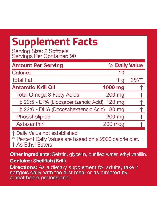 Antarctic Krill Oil 1000 Mg With Omega-3S Epa, Dha, Astaxanthin And Phospholipids – 100% Pure Premium Krill Oil - Heavy Metal Tested, Non Gmo - 180 Softgels (90 Servings)