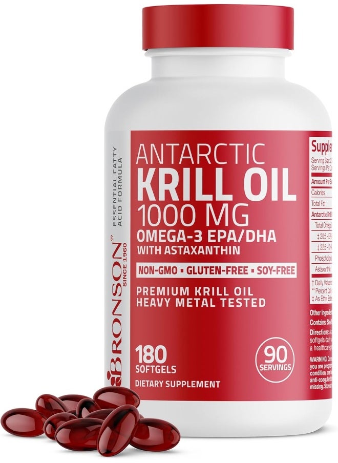 Antarctic Krill Oil 1000 Mg With Omega-3S Epa, Dha, Astaxanthin And Phospholipids – 100% Pure Premium Krill Oil - Heavy Metal Tested, Non Gmo - 180 Softgels (90 Servings)