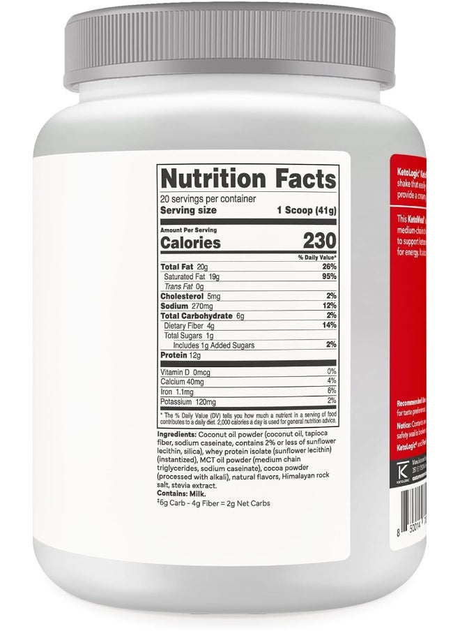Keto Meal Replacement Shake Powder For Optimal Results + Mct Oil + Grass-Fed Whey - Perfectly Formulated Macros For Ketosis - 20 Servings - Chocolate