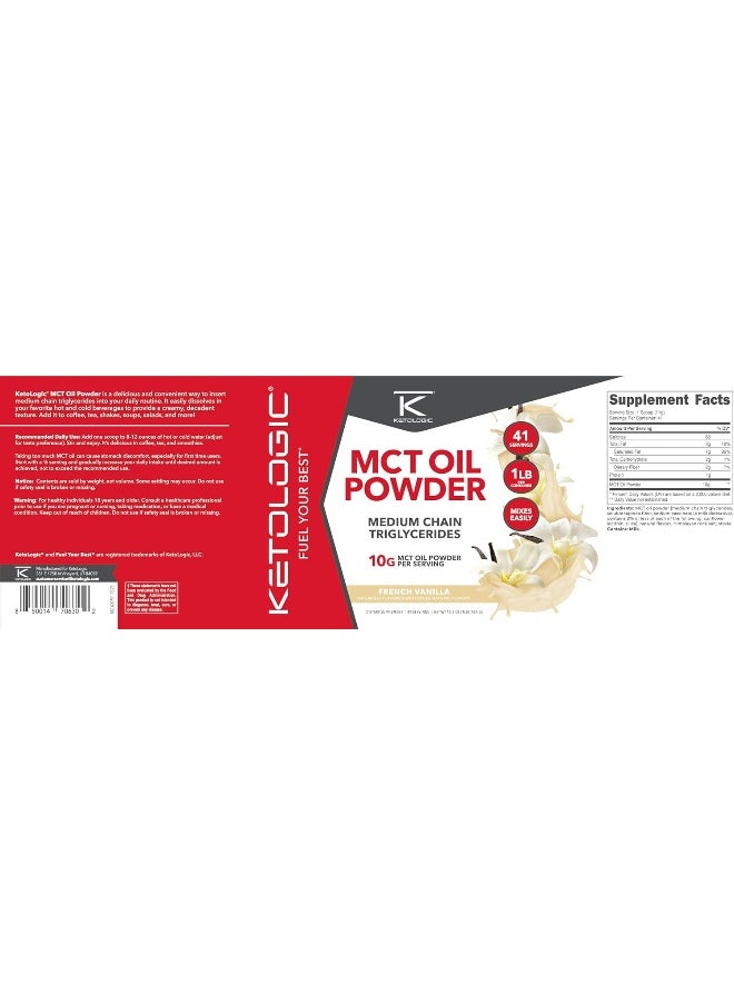 Ketologic MCT Oil Powder (1 LB) (French Vanilla) - 41 Servings, Medium Chain Triglycerides Powder Supplement