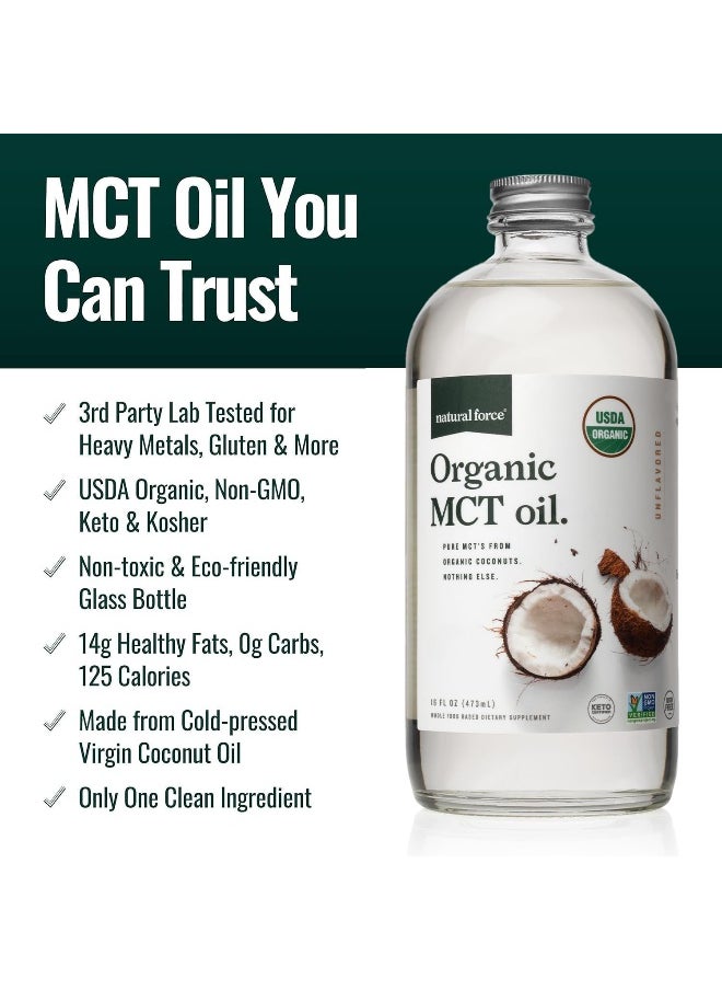 Organic Mct Oil – Pure Glass Bottle – Made From 100% Cold Pressed Virgin Coconut Oil + Certified Keto, Paleo, Kosher, Vegan & Non-Gmo – Lab Tested For Quality And Purity - 16 Ounce