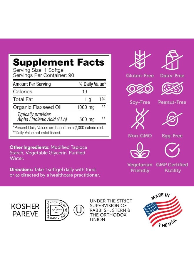 Vegetarian! Flaxseed Oil, Organic Flax Seed Oil, Cold Pressed Flax Oil Supplement, 90 Softgels