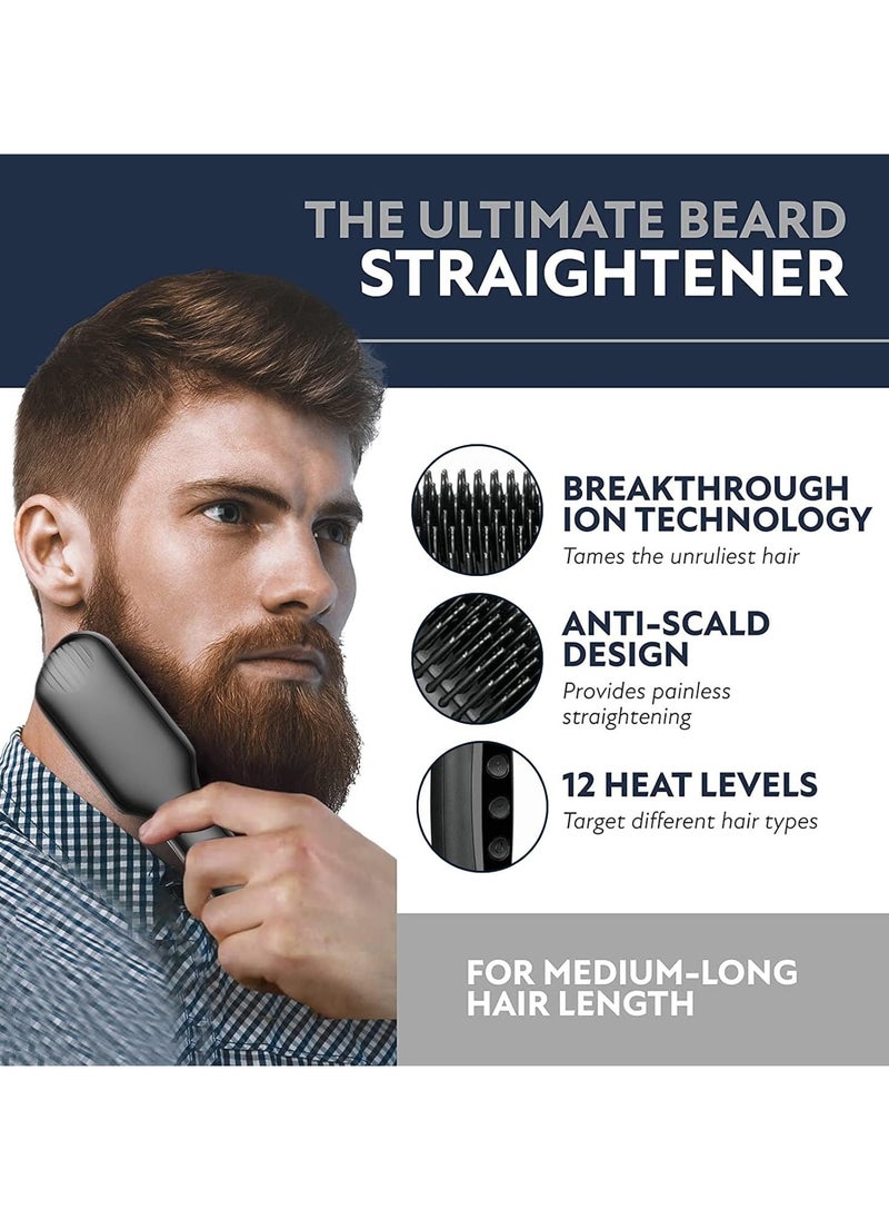 Beard Straightener, Ionic Hair Straightener Brush With LCD,30s Fast Heating＆12 Adjustable Temperature,Upgraded Beard Brush for men, Portable Anti-Scald Beard Straightening Brush for 2 Inch+ Beard