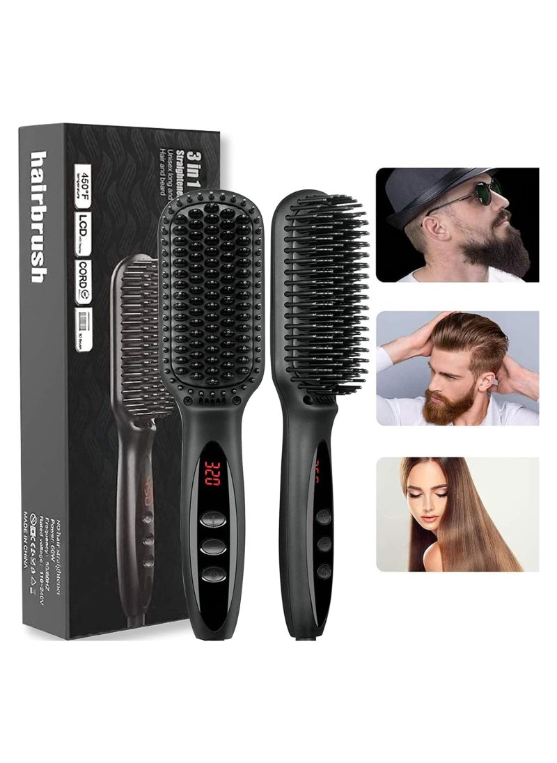 Beard Straightener, Ionic Hair Straightener Brush With LCD,30s Fast Heating＆12 Adjustable Temperature,Upgraded Beard Brush for men, Portable Anti-Scald Beard Straightening Brush for 2 Inch+ Beard