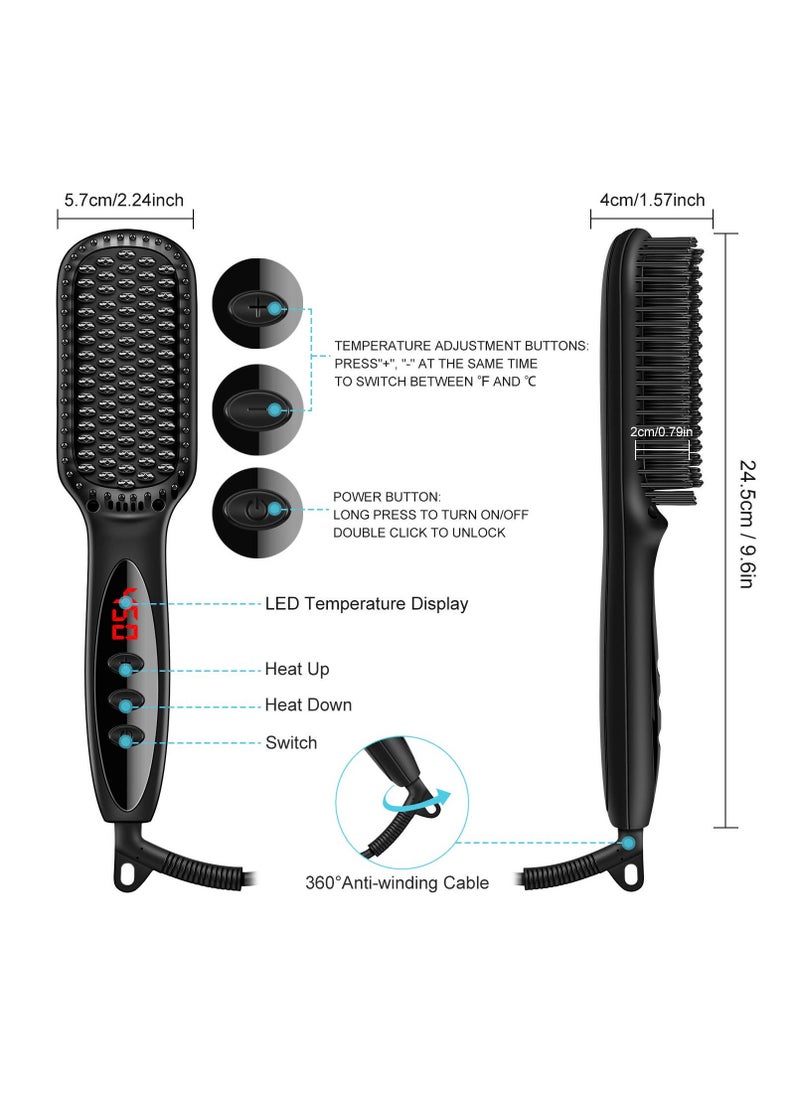 Beard Straightener, Ionic Hair Straightener Brush With LCD,30s Fast Heating＆12 Adjustable Temperature,Upgraded Beard Brush for men, Portable Anti-Scald Beard Straightening Brush for 2 Inch+ Beard