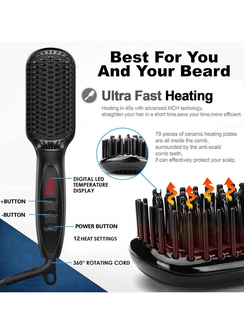 Beard Straightener, Ionic Hair Straightener Brush With LCD,30s Fast Heating＆12 Adjustable Temperature,Upgraded Beard Brush for men, Portable Anti-Scald Beard Straightening Brush for 2 Inch+ Beard