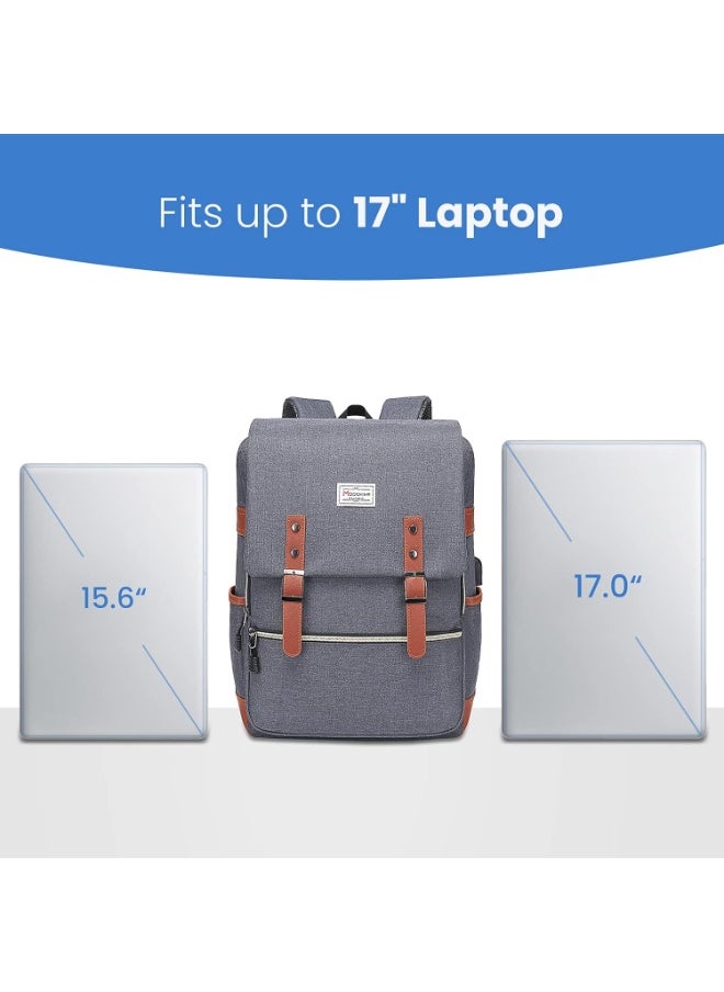 Modoker Slim Laptop Backpack 17 Inch with USB Charging Port, Water Resistant Vintage Business Bag for Travel, Work, Fashion Daypack Gifts for Women Men in Grey