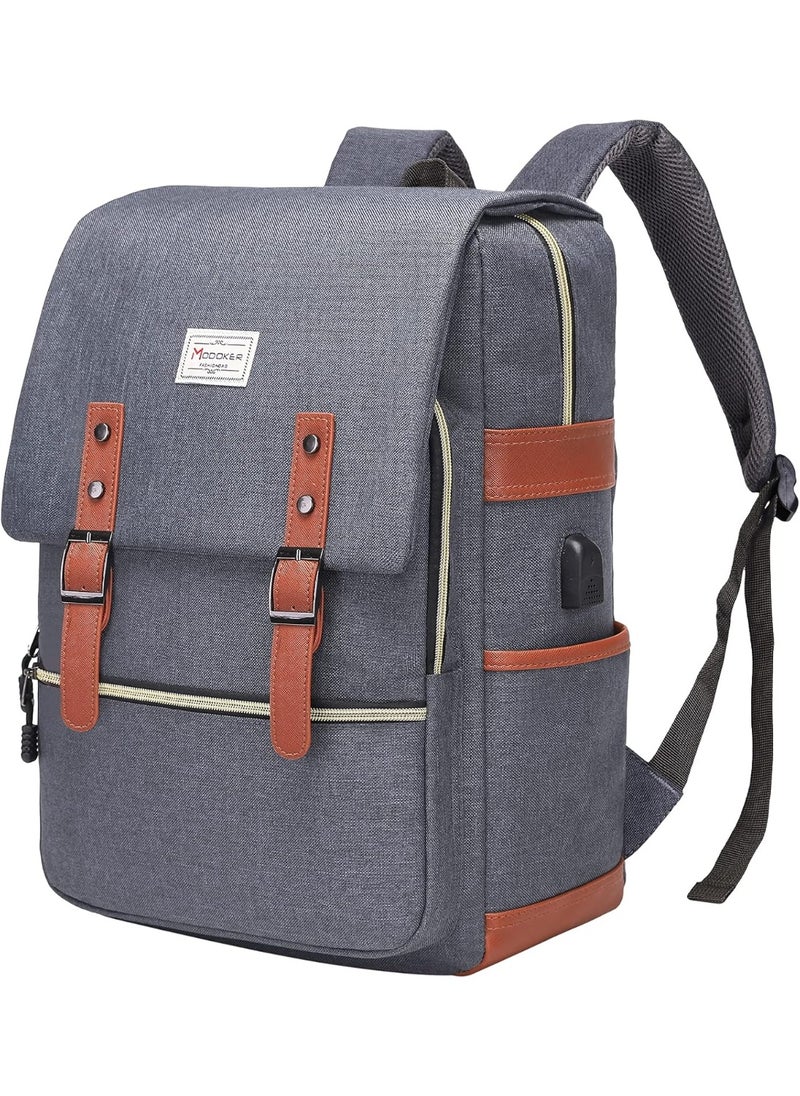 Modoker Slim Laptop Backpack 17 Inch with USB Charging Port, Water Resistant Vintage Business Bag for Travel, Work, Fashion Daypack Gifts for Women Men in Grey