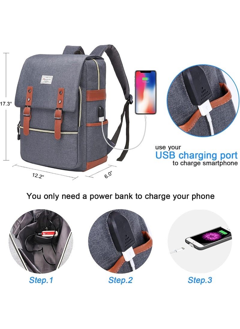 Modoker Slim Laptop Backpack 17 Inch with USB Charging Port, Water Resistant Vintage Business Bag for Travel, Work, Fashion Daypack Gifts for Women Men in Grey