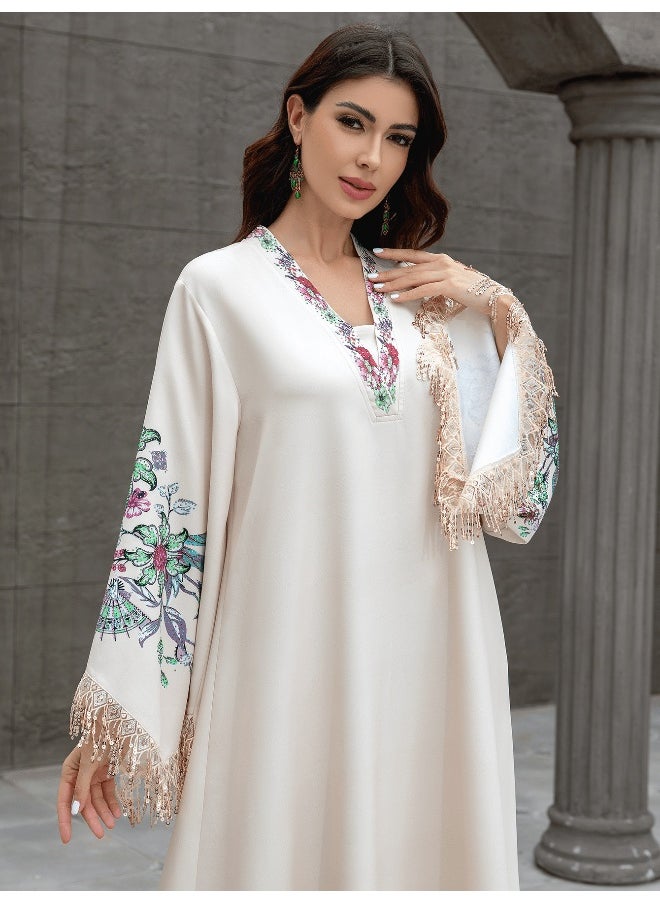 V-Neck Embroidered Tassel Elegant Women's Robe