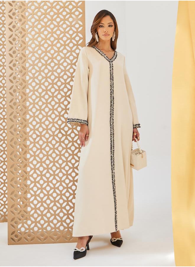 Solid Tweed Lace Detail A-Line Jalabiya