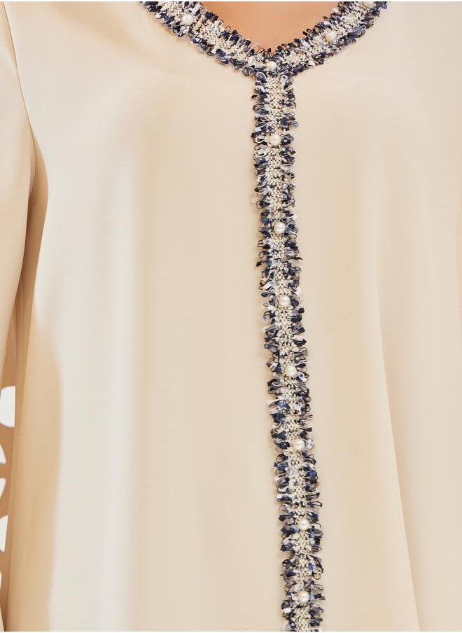 Solid Tweed Lace Detail A-Line Jalabiya